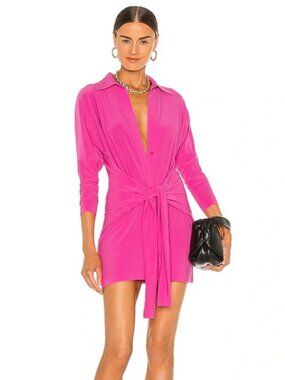 Norma Kamali Pink Plunge Tie Front Wrap Jersey Mini Dress Orchid Pink Large